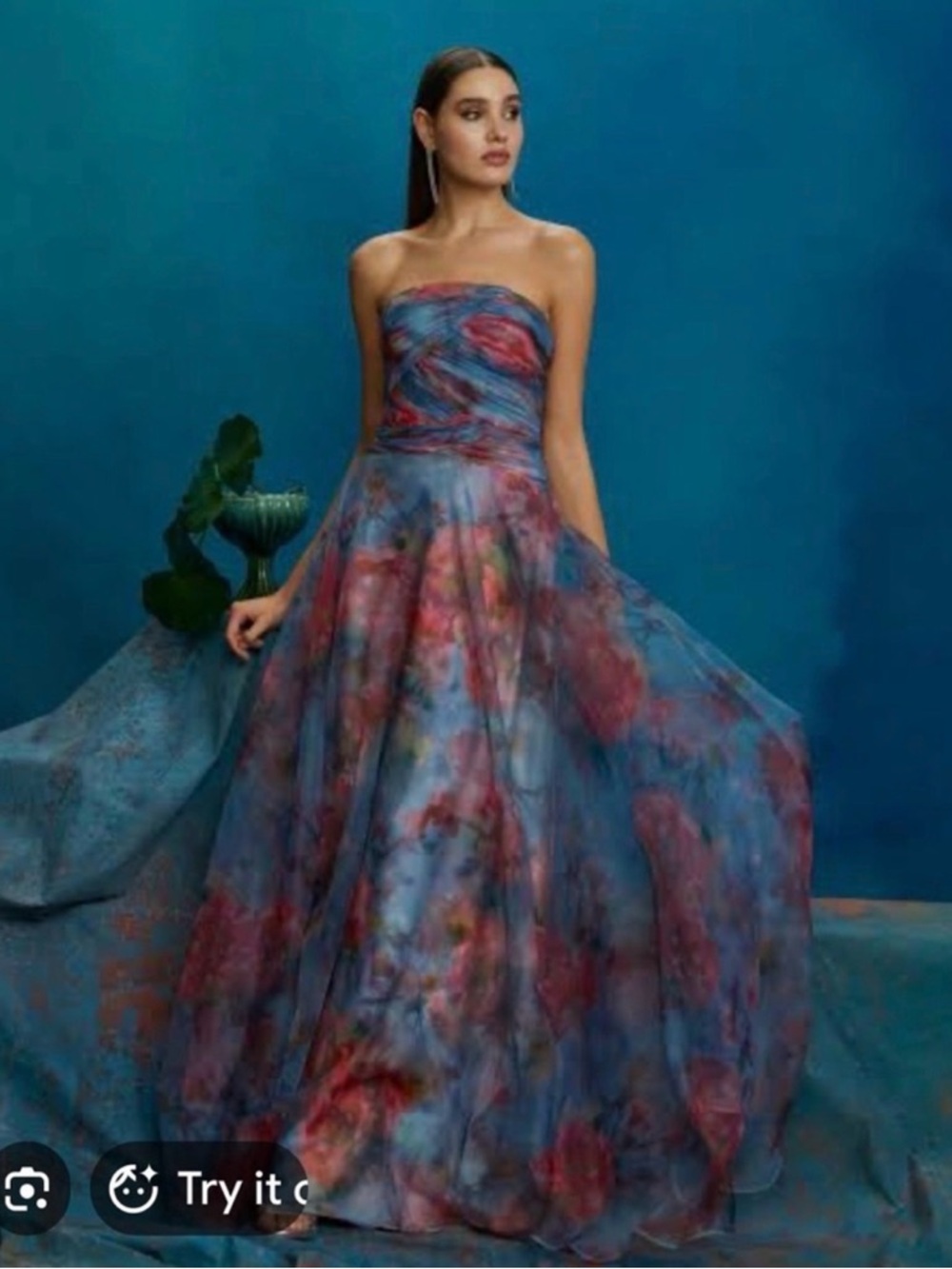 NWT Theia Giselle Floral Ruched Organza Strapless Gown